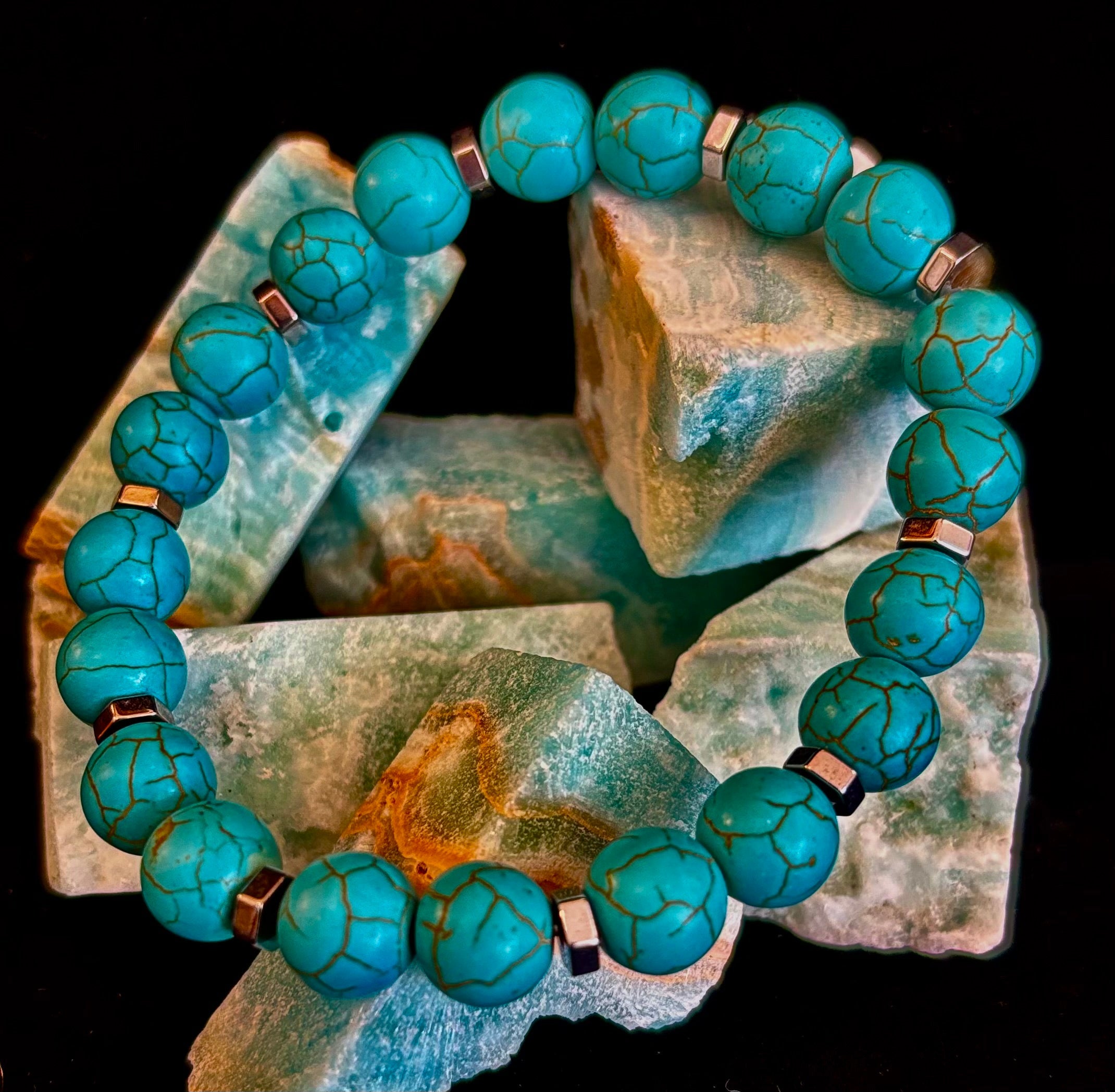 Turquoise Howlite Bracelet with Silver Spacers — Handmade Stretch