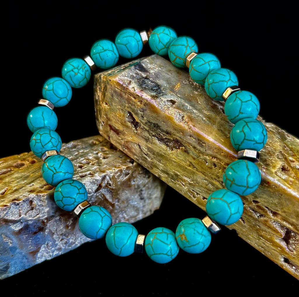 Turquoise Howlite Bracelet with Silver Spacers — Handmade Stretch