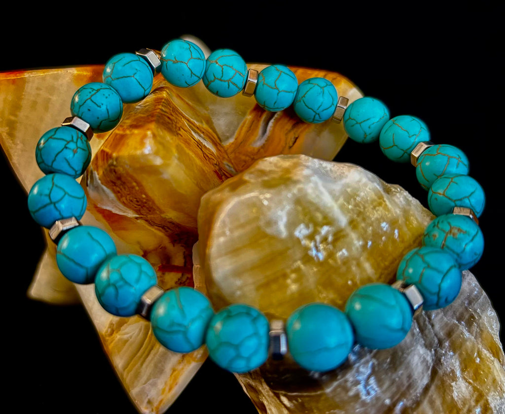 Turquoise Howlite Bracelet with Silver Spacers — Handmade Stretch