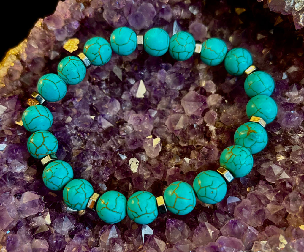 Turquoise Howlite Bracelet with Silver Spacers — Handmade Stretch