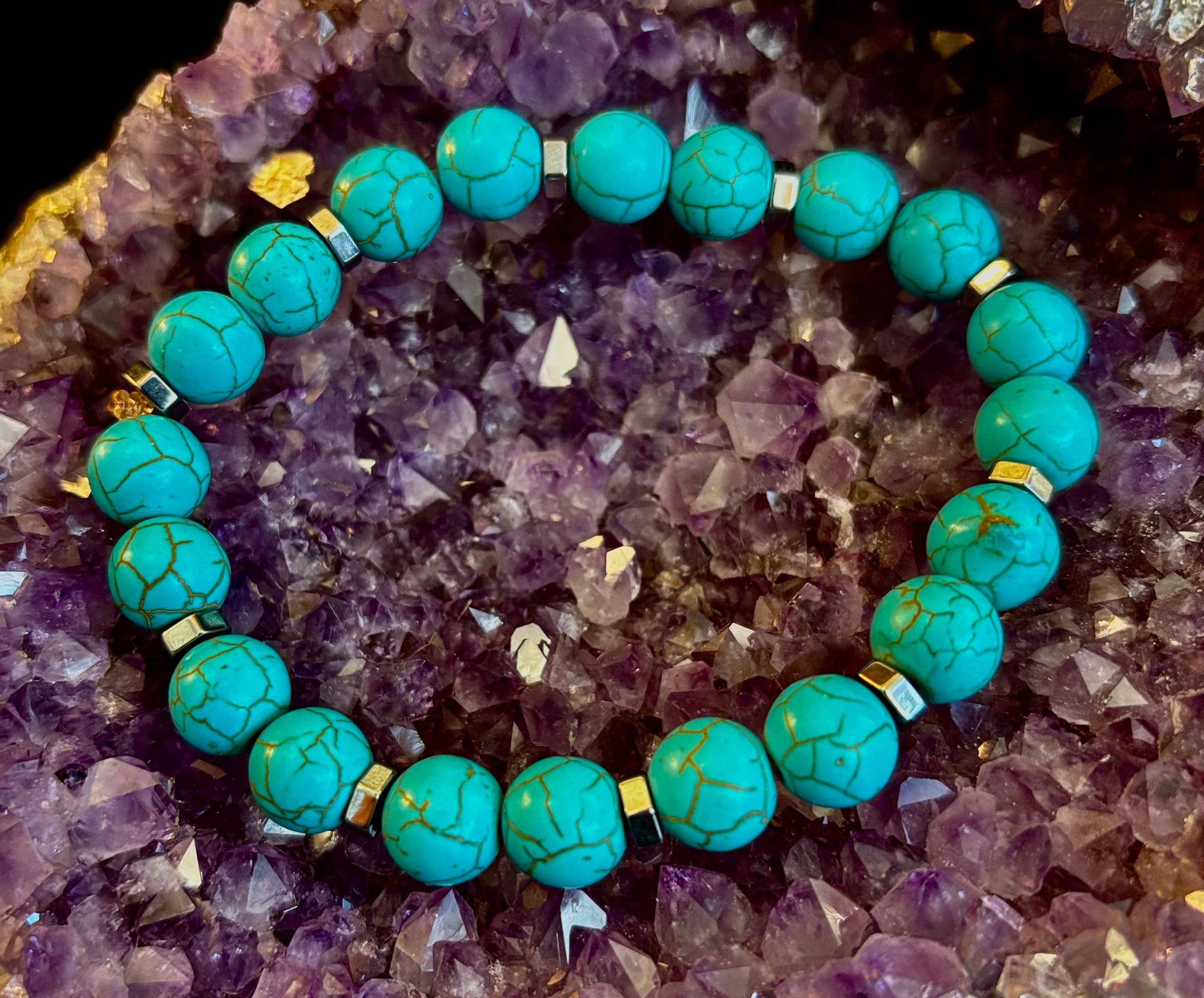 Turquoise Howlite Bracelet with Silver Spacers — Handmade Stretch