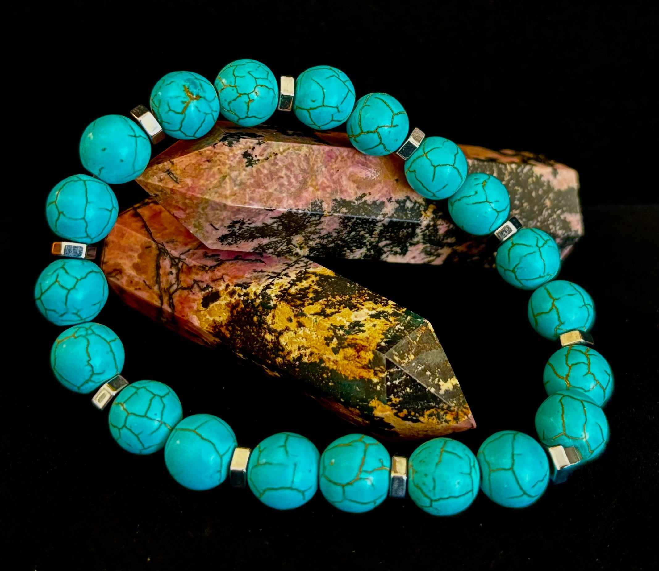 Turquoise Howlite Bracelet with Silver Spacers — Handmade Stretch