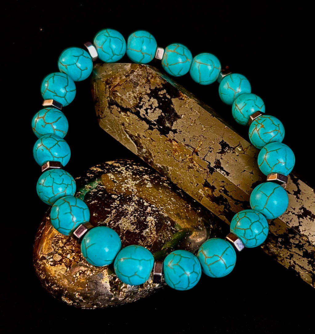 Turquoise Howlite Bracelet with Silver Spacers — Handmade Stretch