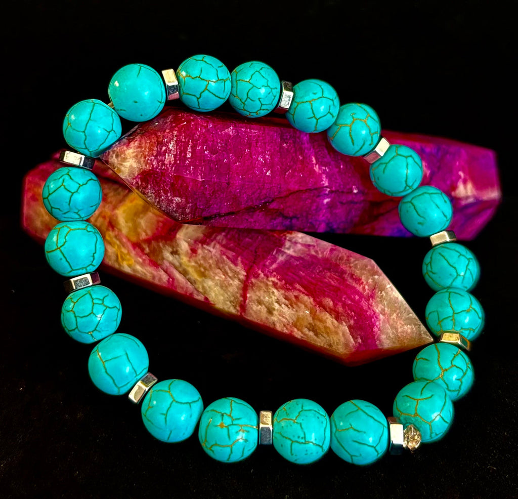 Turquoise Howlite Bracelet with Silver Spacers — Handmade Stretch