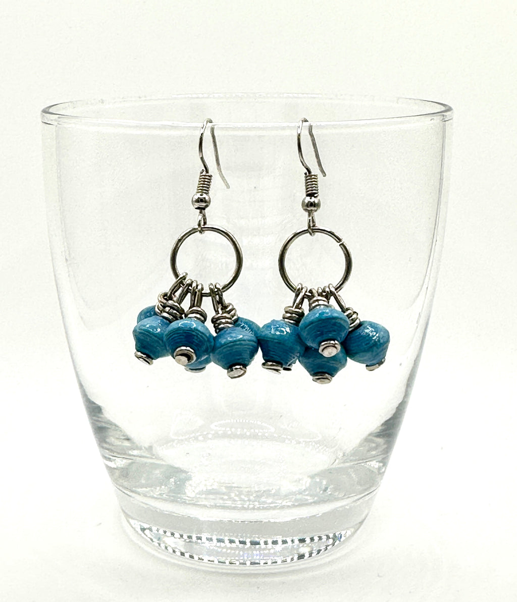 Blue Paper Bead Mukaaga Earrings with Silver Accents - Bohemian
