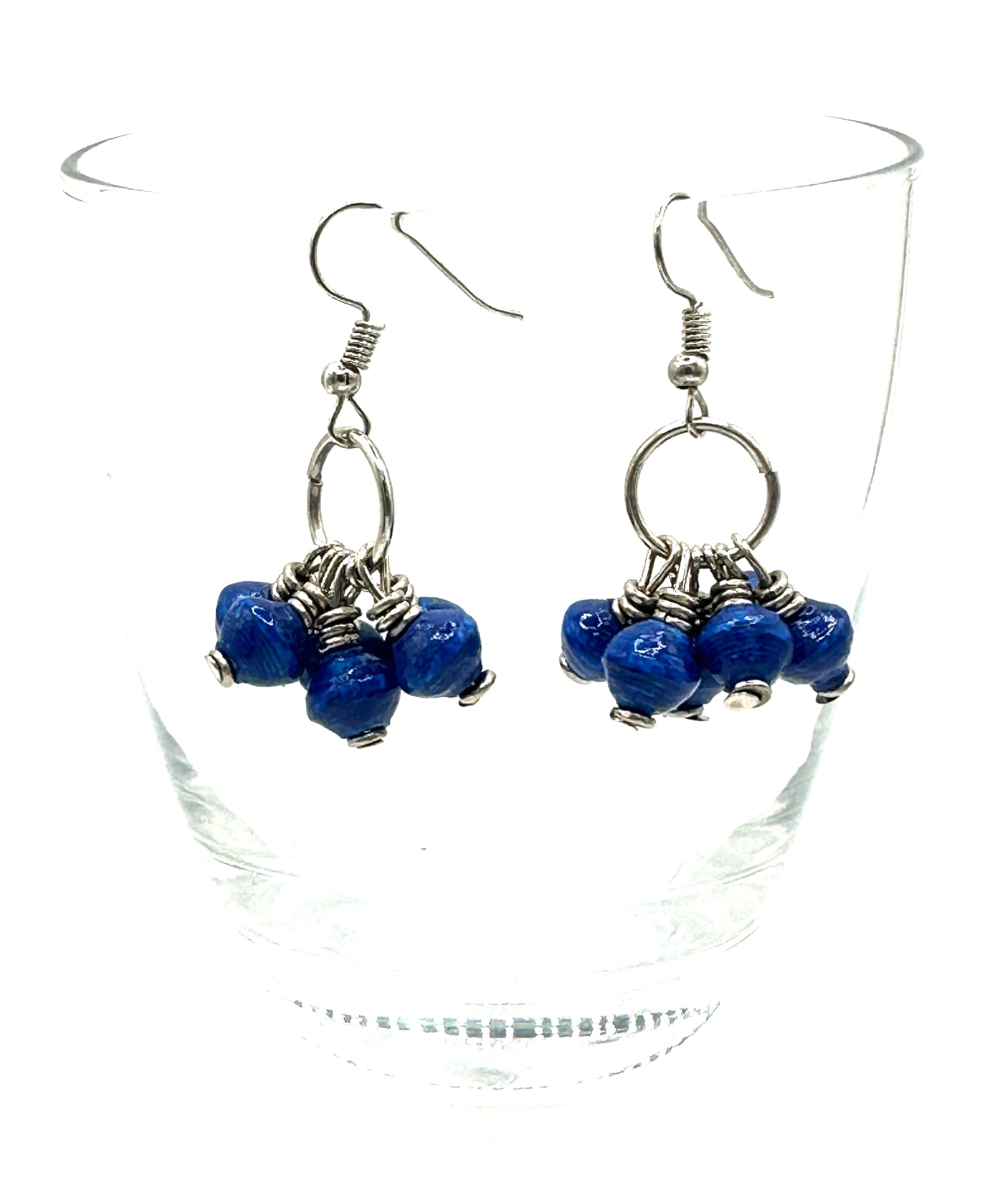 Blue Paper Bead Mukaaga Earrings with Silver Accents - Bohemian