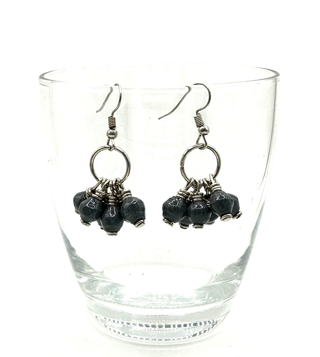 Blue Paper Bead Mukaaga Earrings with Silver Accents - Bohemian