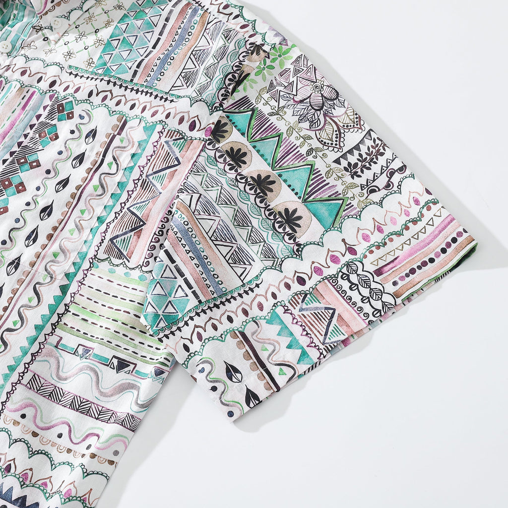 Men's Vintage Geometric Print Short Sleeve Button Down Aloha Shirt