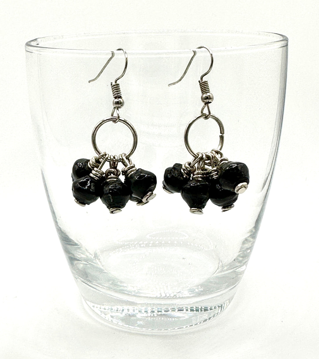Blue Paper Bead Mukaaga Earrings with Silver Accents - Bohemian