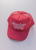 American Honey 5-panel foam trucker hat in pink and white with adjustable snapback