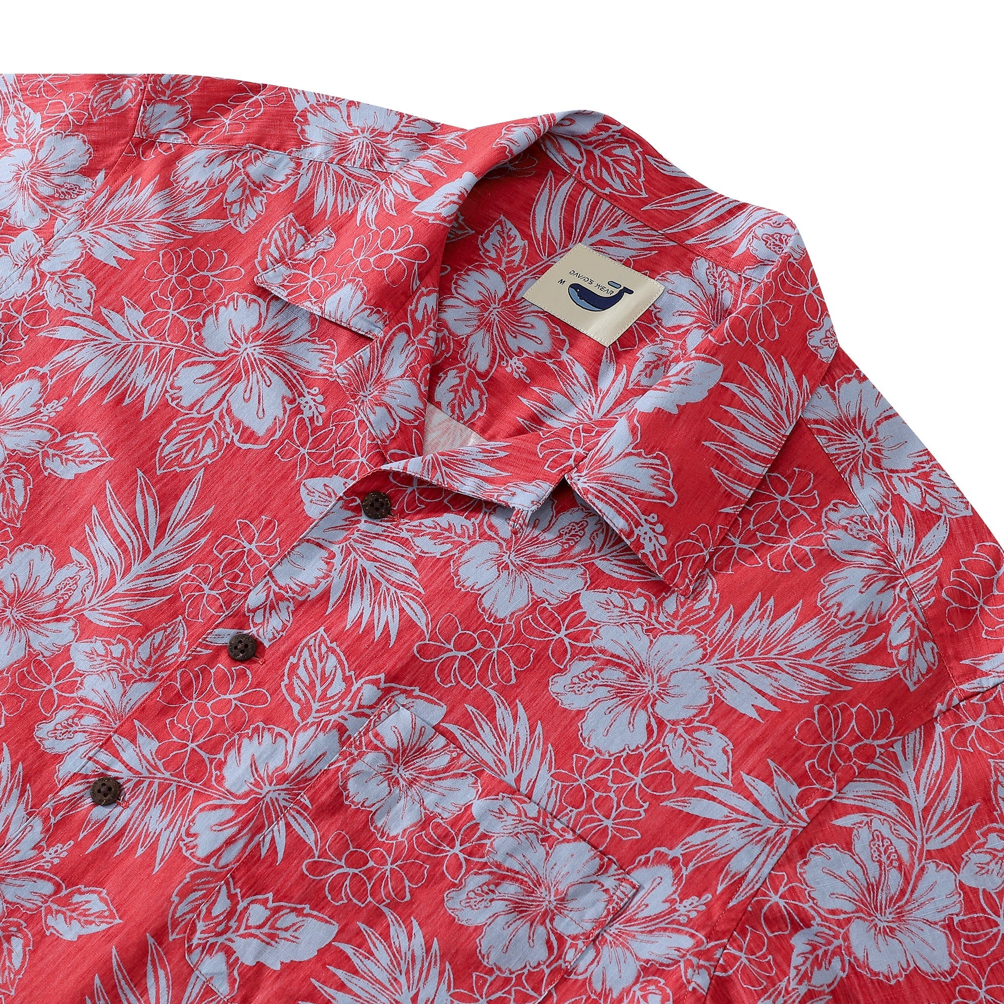 Red Hibiscus Tropical Leaves Short Sleeve Cotton Camp Shirt