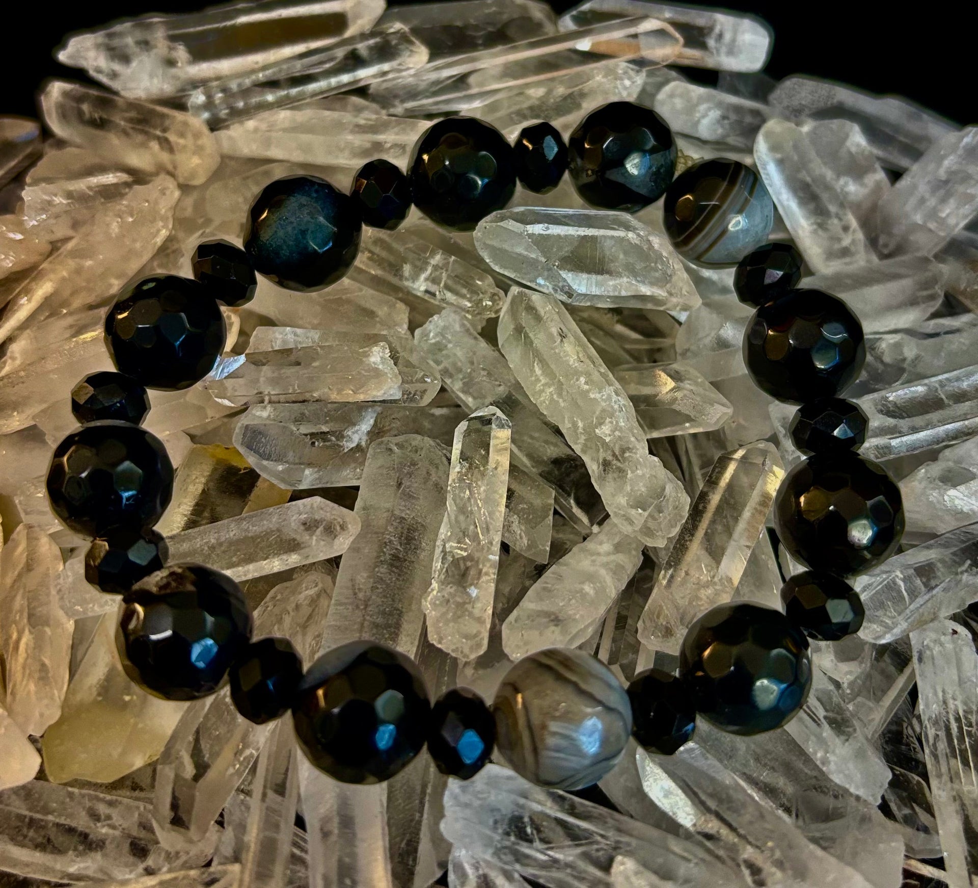 Puerto Vallarta Midnight Agate Power Bracelet — Faceted Black Agate & Swirled Banded Agate (Large Wrist Fit)