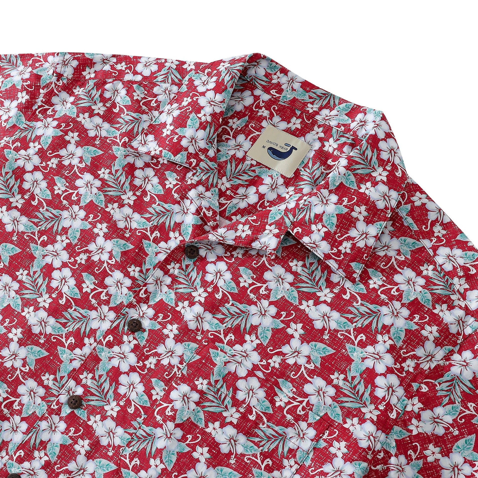 Men's Red and White Floral Hibiscus Print Tropical Camp Shirt