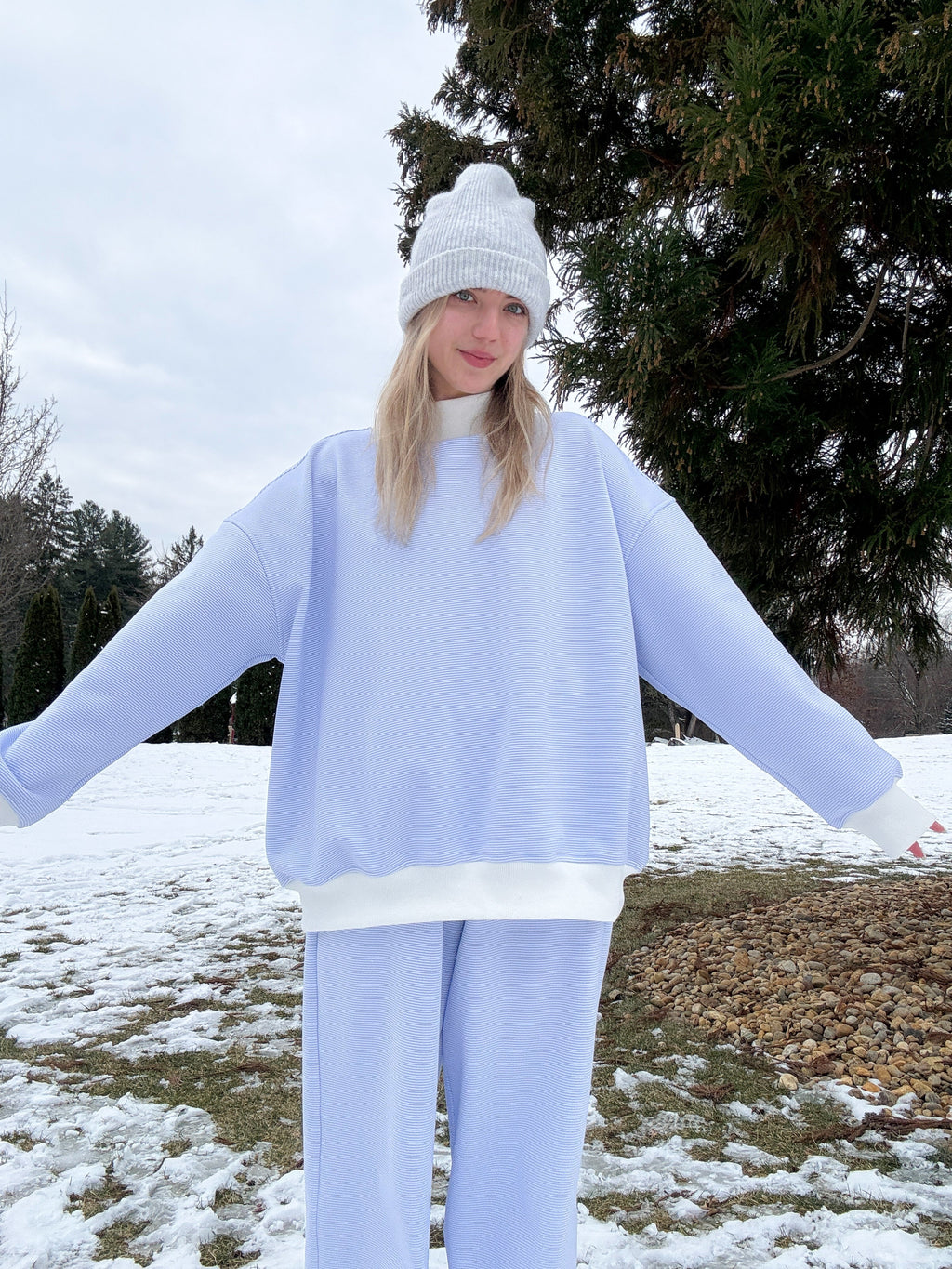 Blue and White Mini Striped Mockneck Sweatshirt Unisex