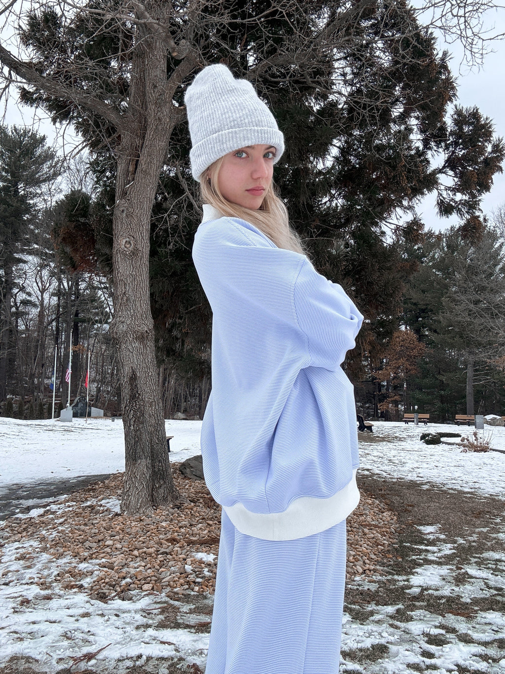 Blue and White Mini Striped Mockneck Sweatshirt Unisex