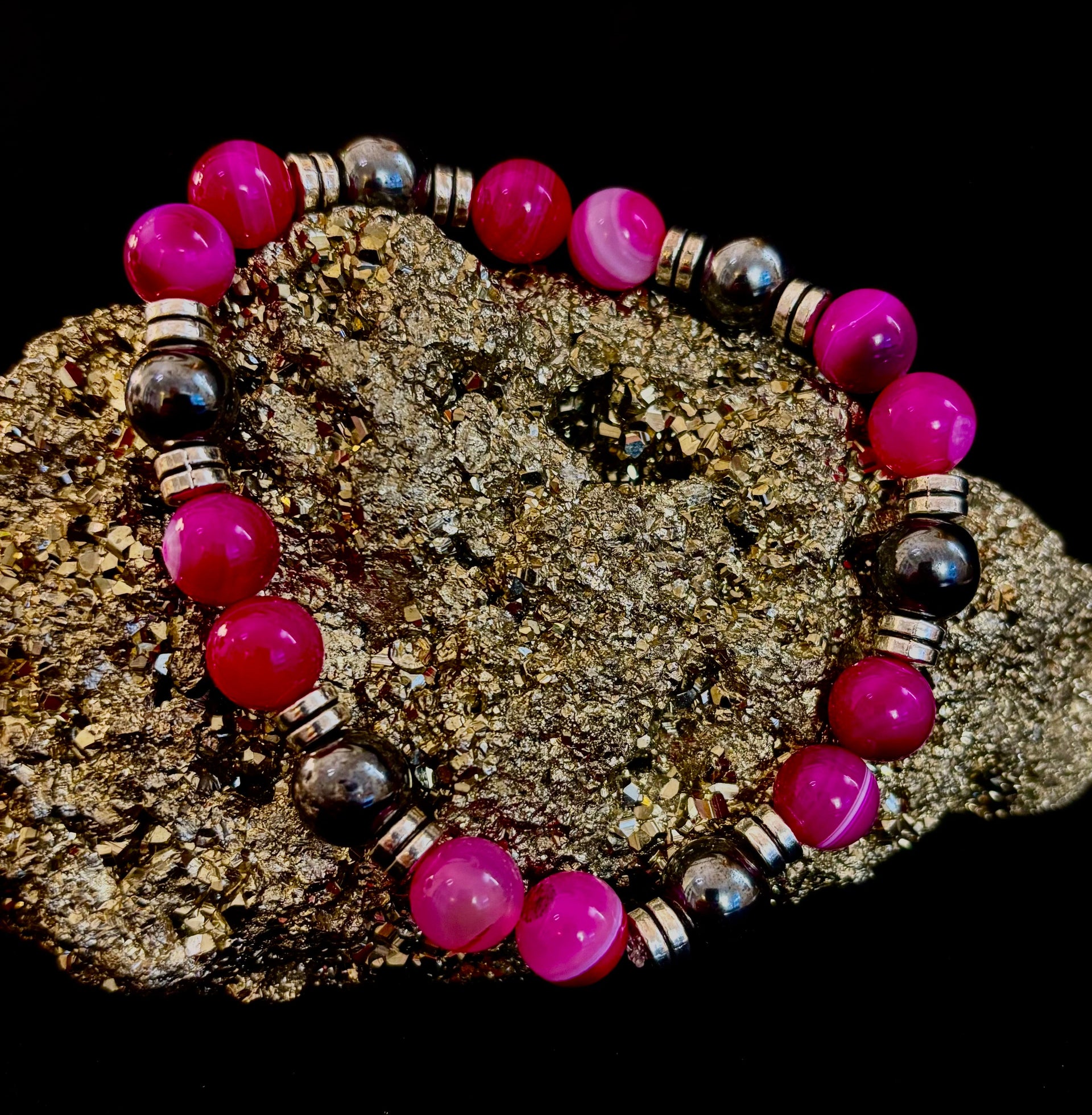 Pink Striped Agate & Hematite Energy Bracelet – Handmade Mexican Natural Stone Bracelet for XL Wrists