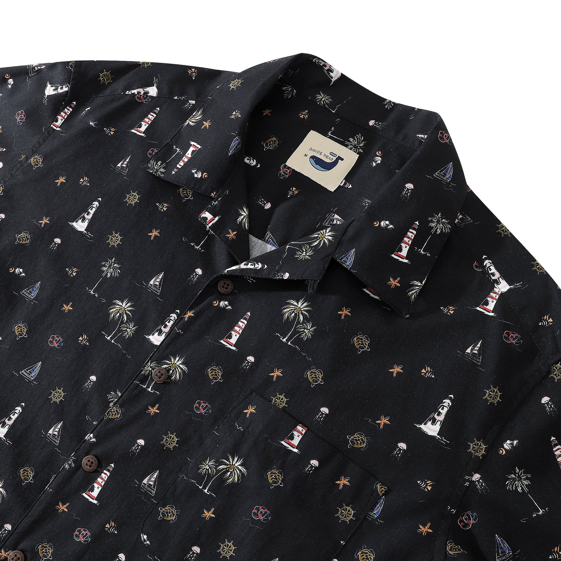 Men's Black Lighthouse Hawaiian Shirt 100% Cotton Camp Collar