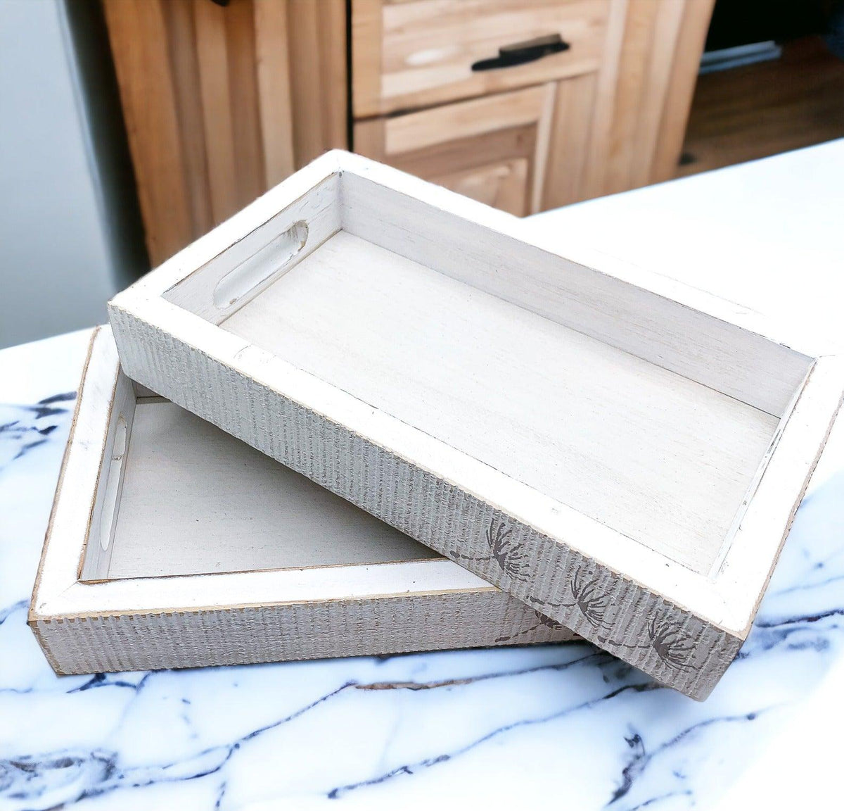 White Wash Wooden Decorative Tray with Dandelion Print Farmhouse - Image 5