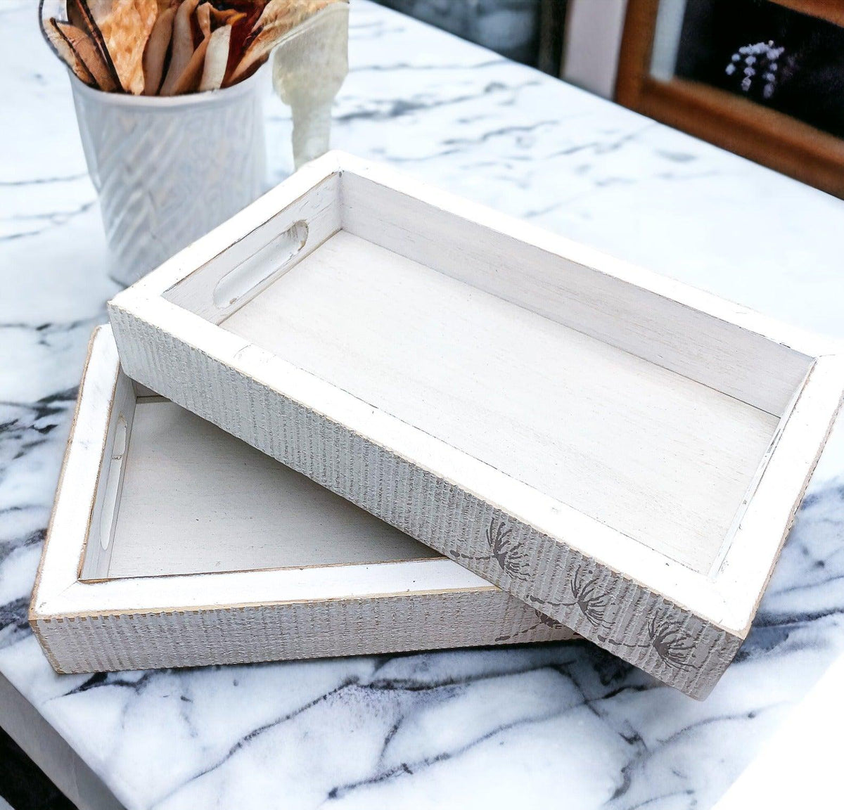 White Wash Wooden Decorative Tray with Dandelion Print Farmhouse - Image 3