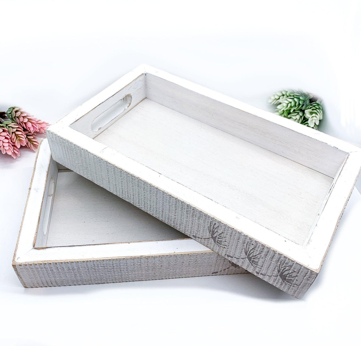 White Wash Wooden Decorative Tray with Dandelion Print Farmhouse - Image 15