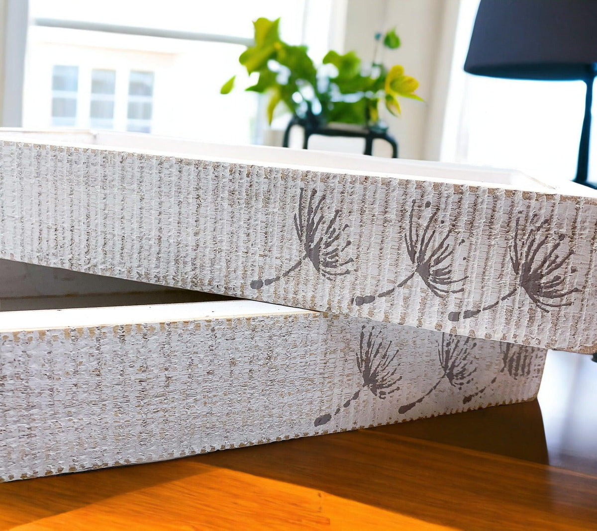 White Wash Wooden Decorative Tray with Dandelion Print Farmhouse - Image 12