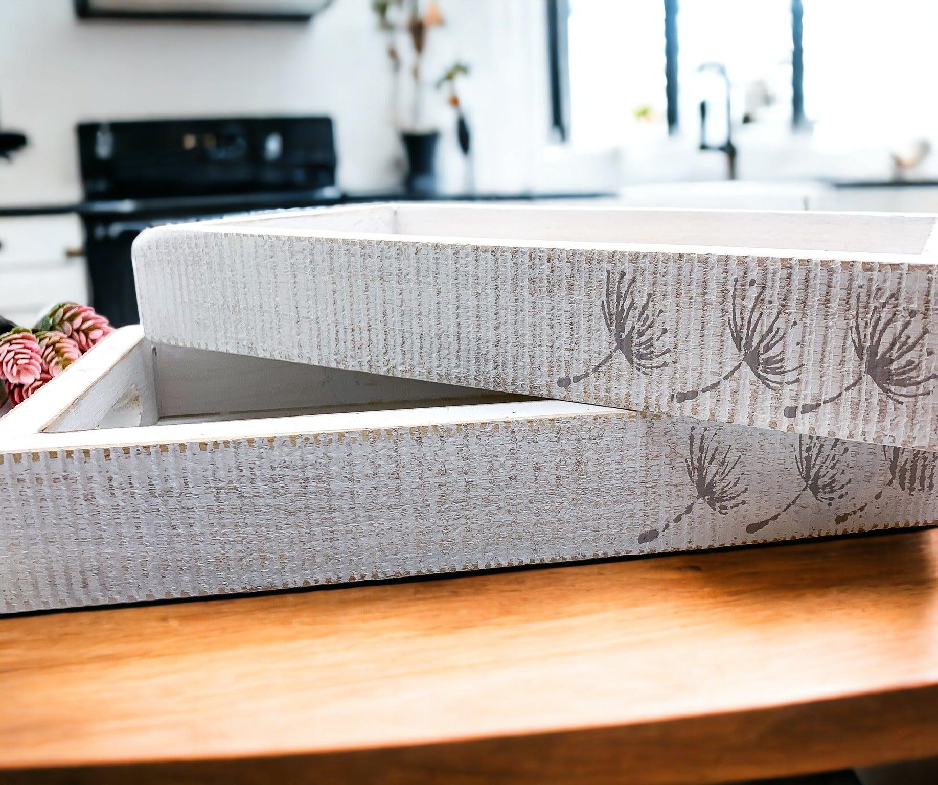 White Wash Wooden Decorative Tray with Dandelion Print Farmhouse - Image 2