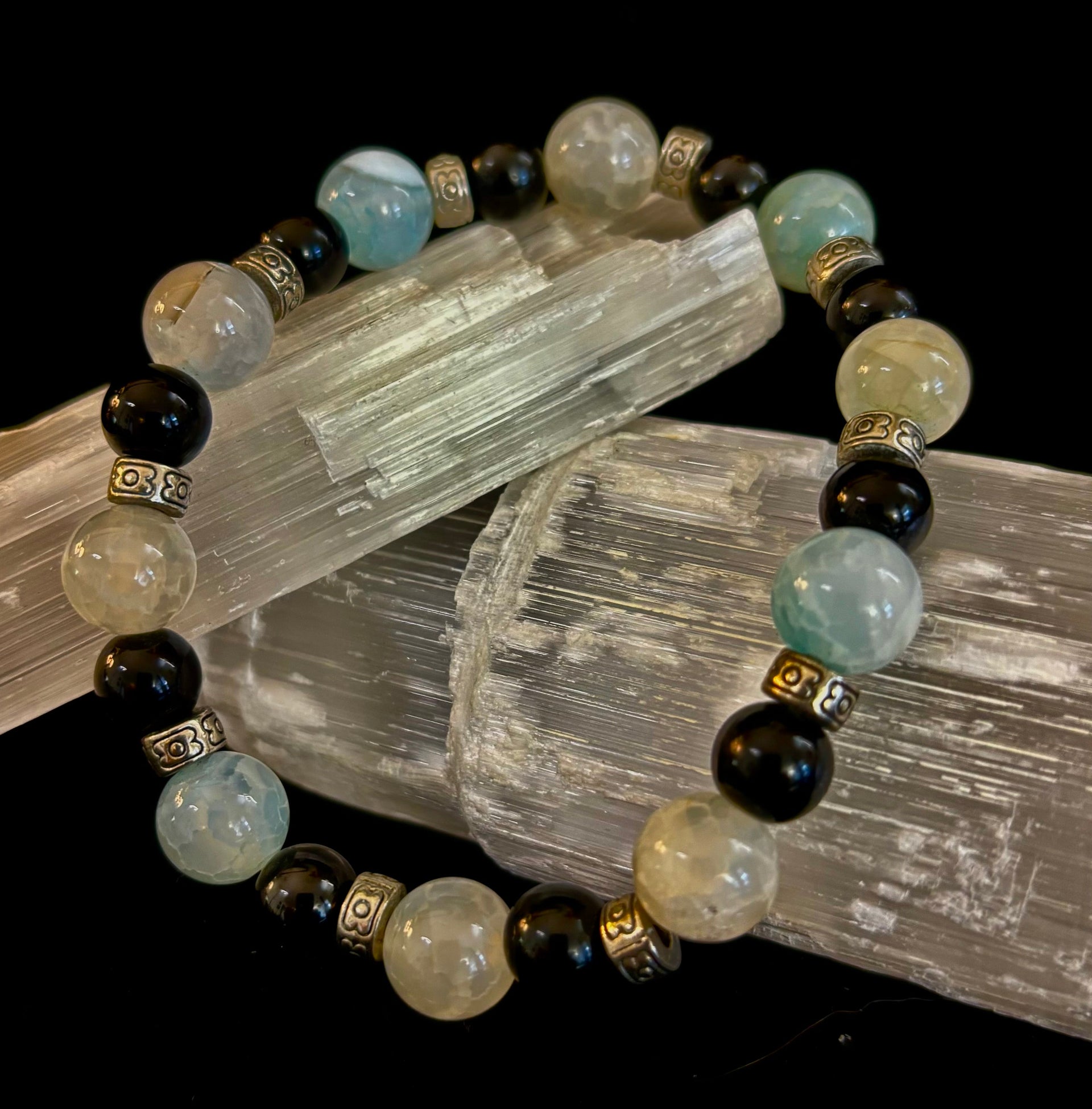 Ocean Mist Natural Stone Bracelet – Black and White Gemstone Bracelet Handmade in Puerto Vallarta (One of a Kind)