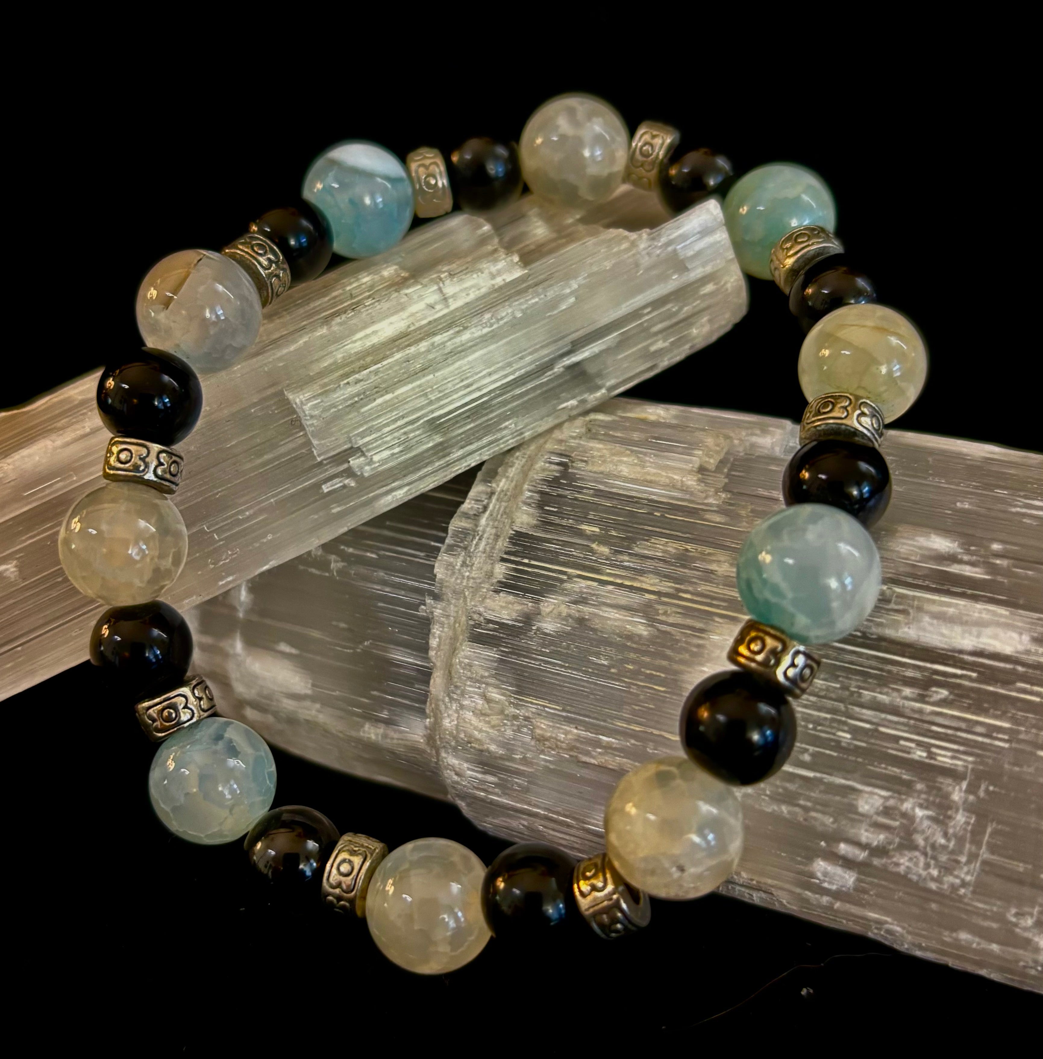 Ocean Mist Natural Stone Bracelet – Black and White Gemstone Bracelet Handmade in Puerto Vallarta (One of a Kind)