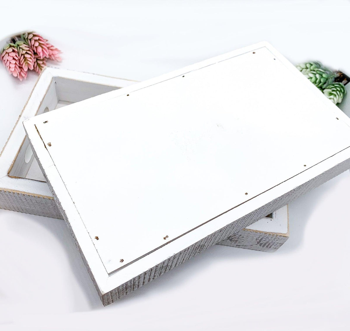 White Wash Wooden Decorative Tray with Dandelion Print Farmhouse - Image 18