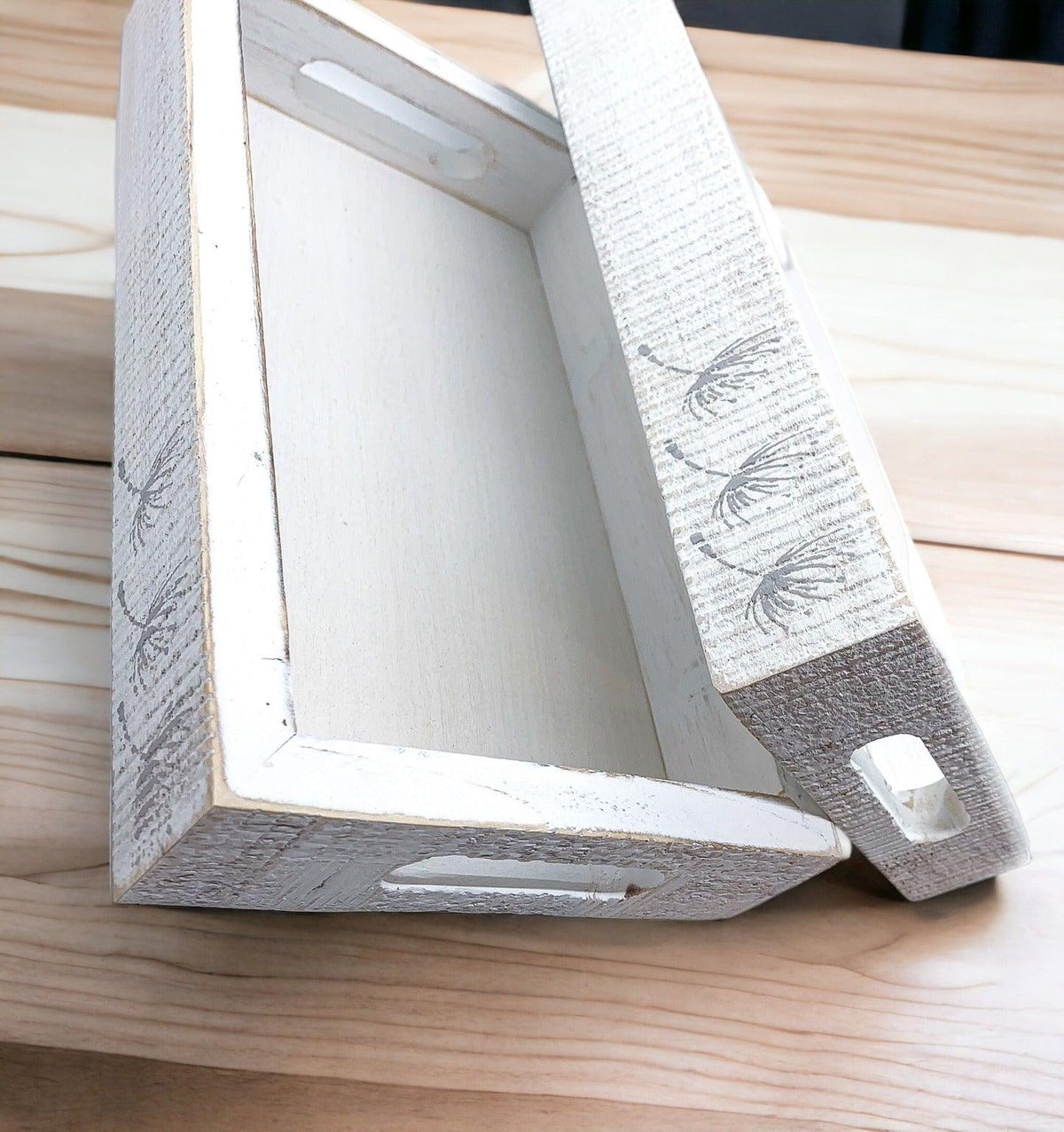 White Wash Wooden Decorative Tray with Dandelion Print Farmhouse - Image 4