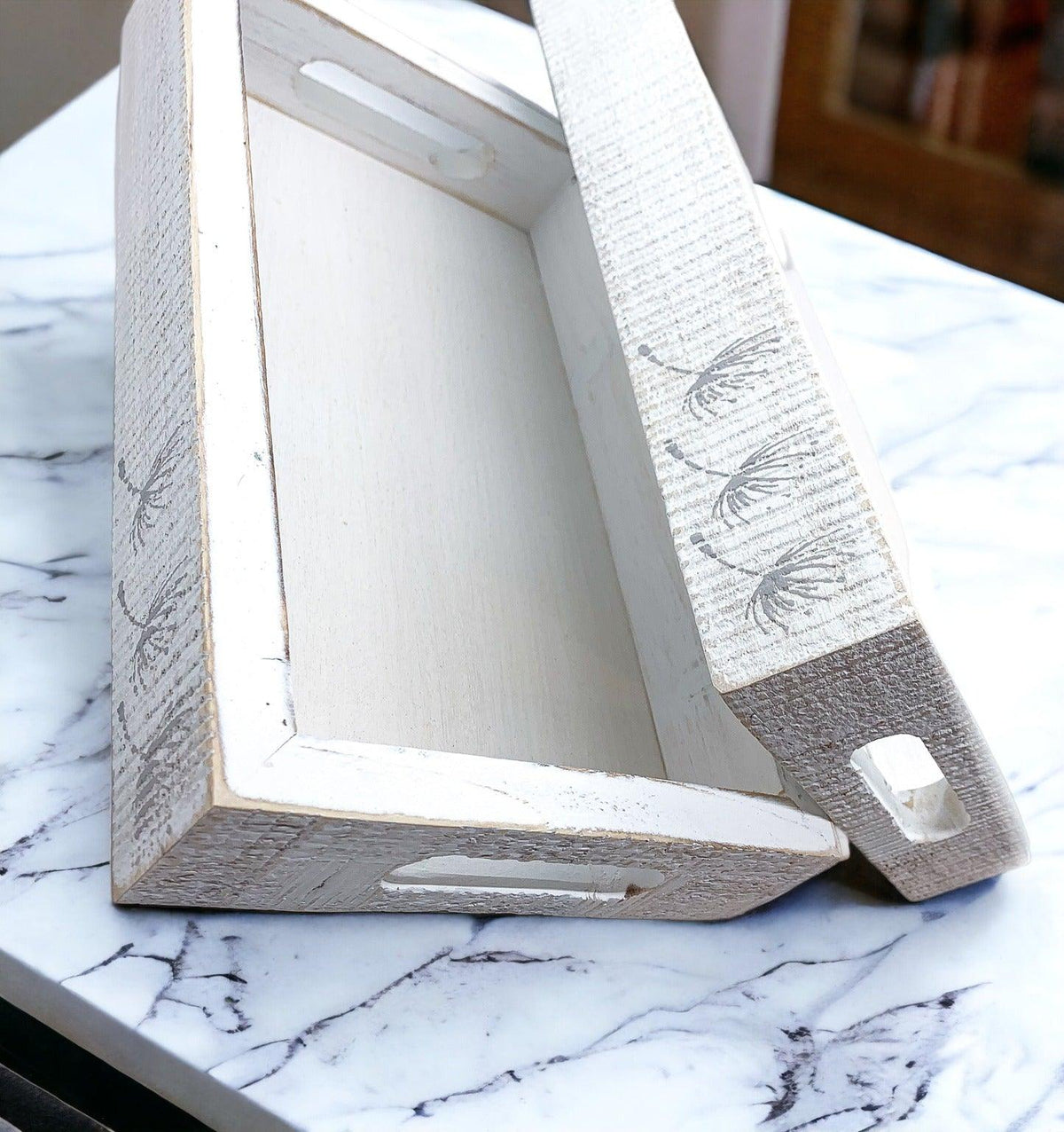 White Wash Wooden Decorative Tray with Dandelion Print Farmhouse - Image 10