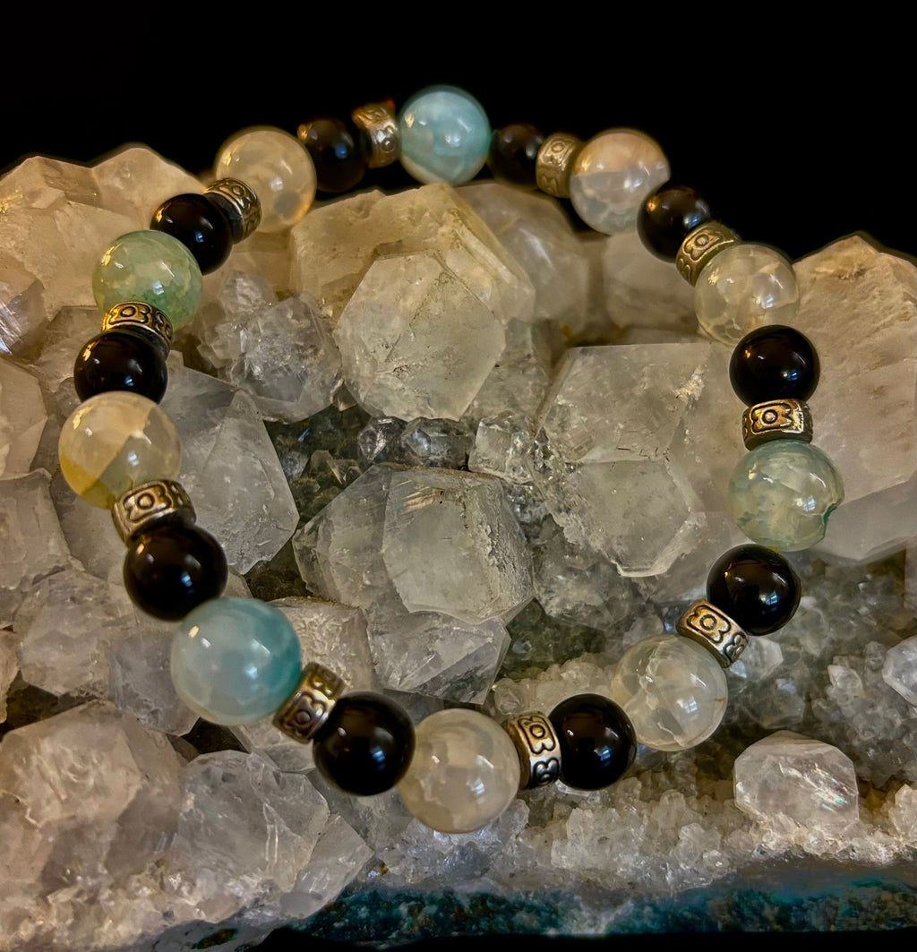 Ocean Mist Natural Stone Bracelet – Black and White Gemstone Bracelet Handmade in Puerto Vallarta (One of a Kind)