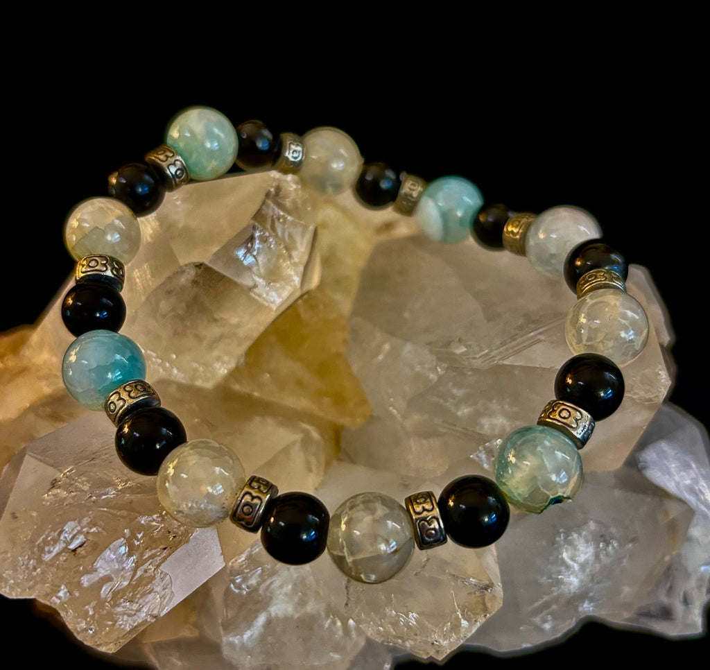 Ocean Mist Natural Stone Bracelet – Black and White Gemstone Bracelet Handmade in Puerto Vallarta (One of a Kind)