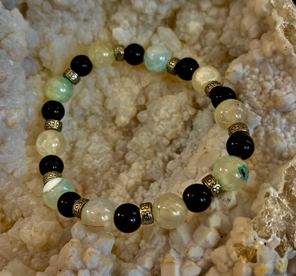 Ocean Mist Natural Stone Bracelet – Black and White Gemstone Bracelet Handmade in Puerto Vallarta (One of a Kind)