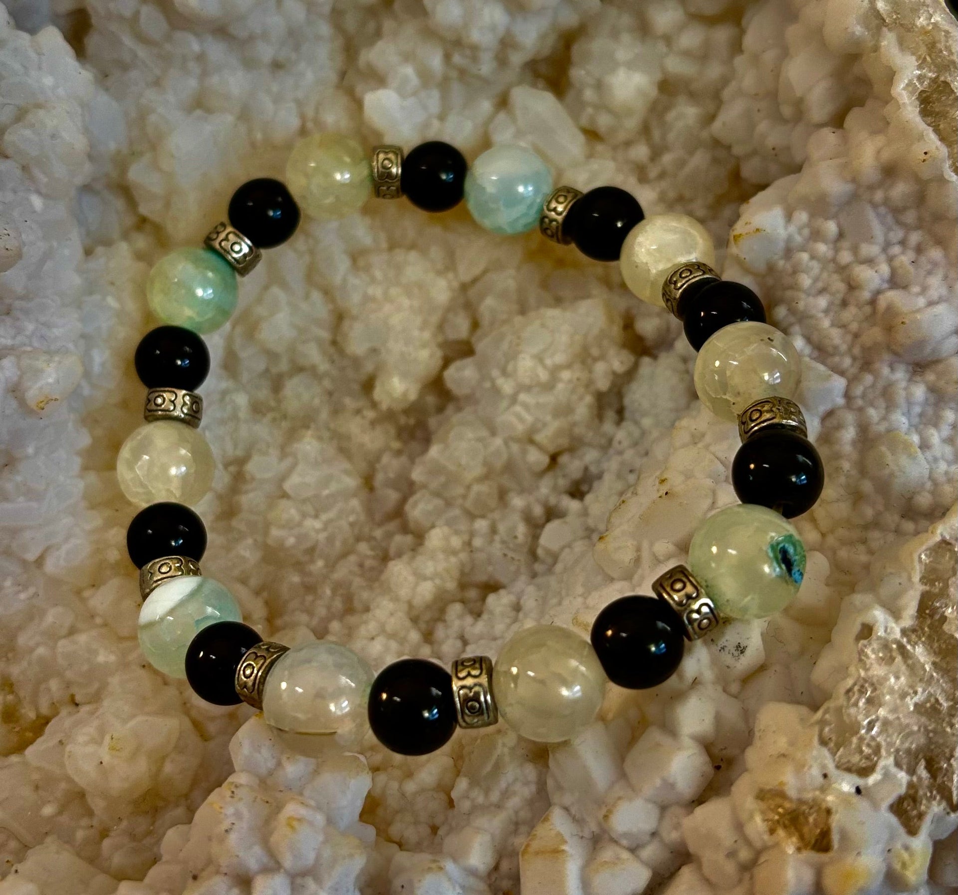 Ocean Mist Natural Stone Bracelet – Black and White Gemstone Bracelet Handmade in Puerto Vallarta (One of a Kind)