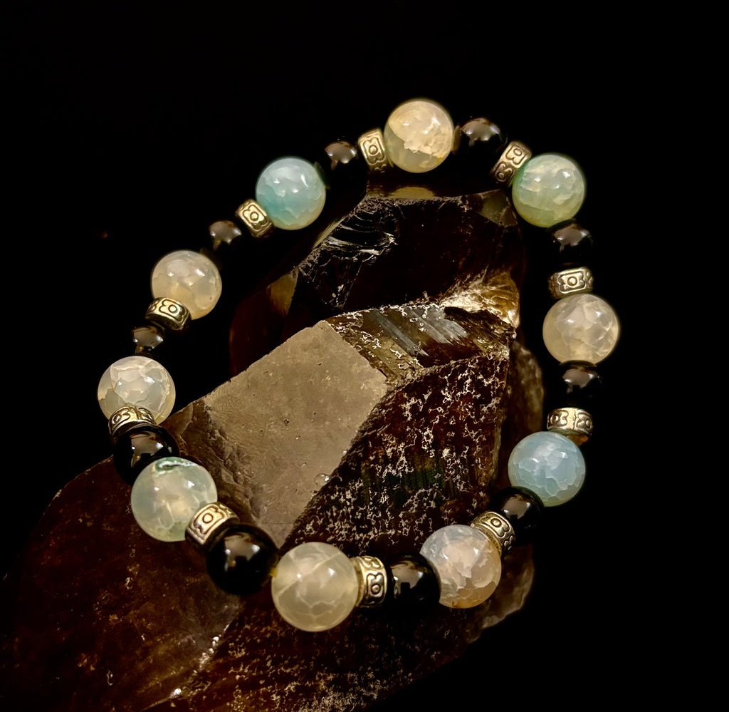 Ocean Mist Natural Stone Bracelet – Black and White Gemstone Bracelet Handmade in Puerto Vallarta (One of a Kind)