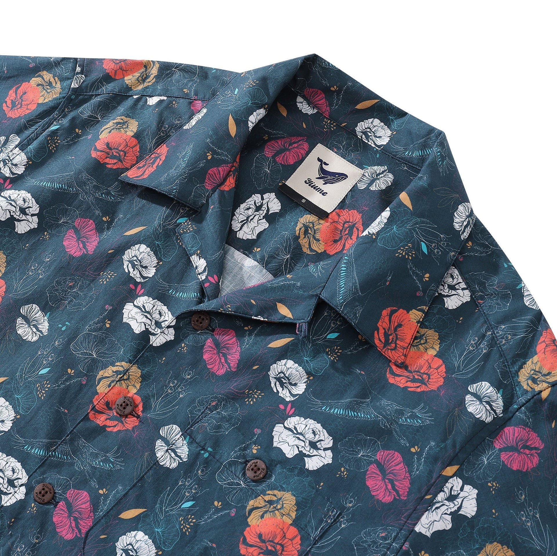 Men's Cotton Hawaiian Shirt with Crane and Floral Pattern