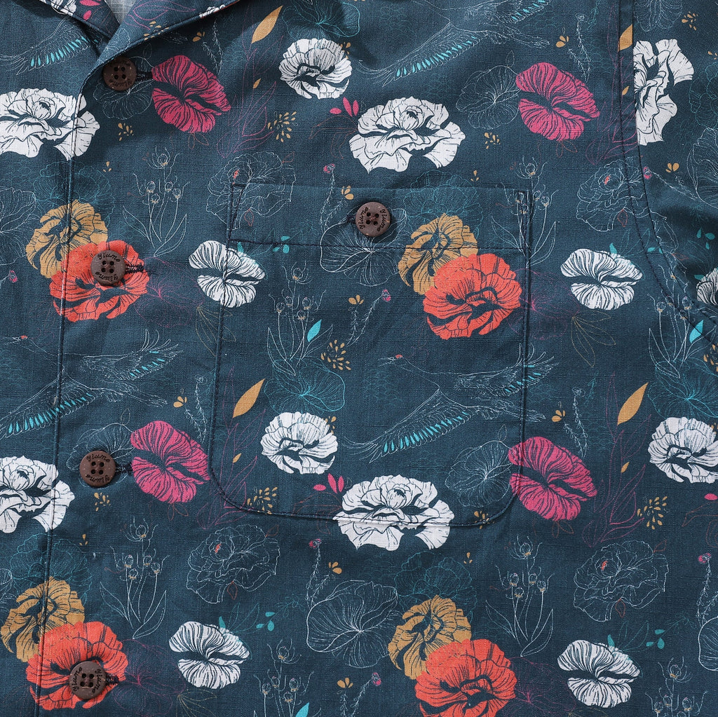 Men's Cotton Hawaiian Shirt with Crane and Floral Pattern