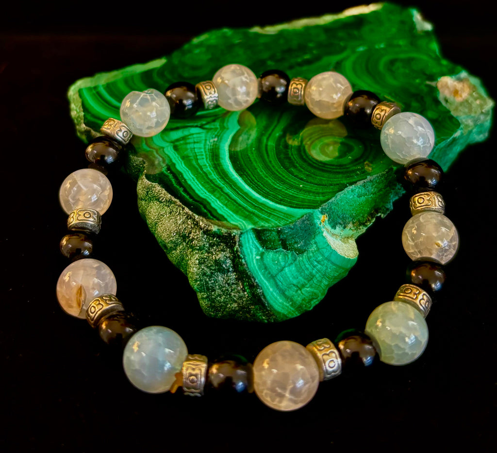 Ocean Mist Natural Stone Bracelet – Black and White Gemstone Bracelet Handmade in Puerto Vallarta (One of a Kind)