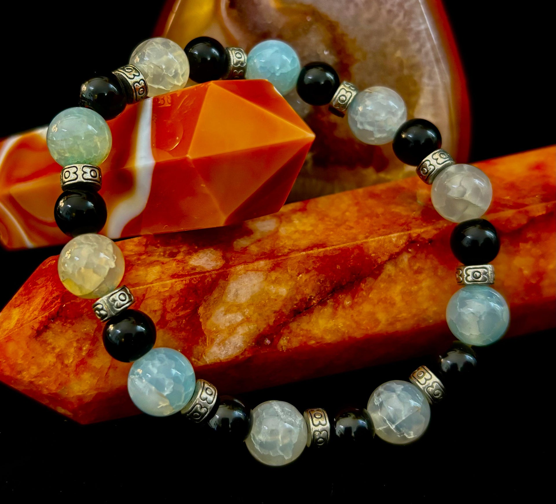 Ocean Mist Natural Stone Bracelet – Black and White Gemstone Bracelet Handmade in Puerto Vallarta (One of a Kind)