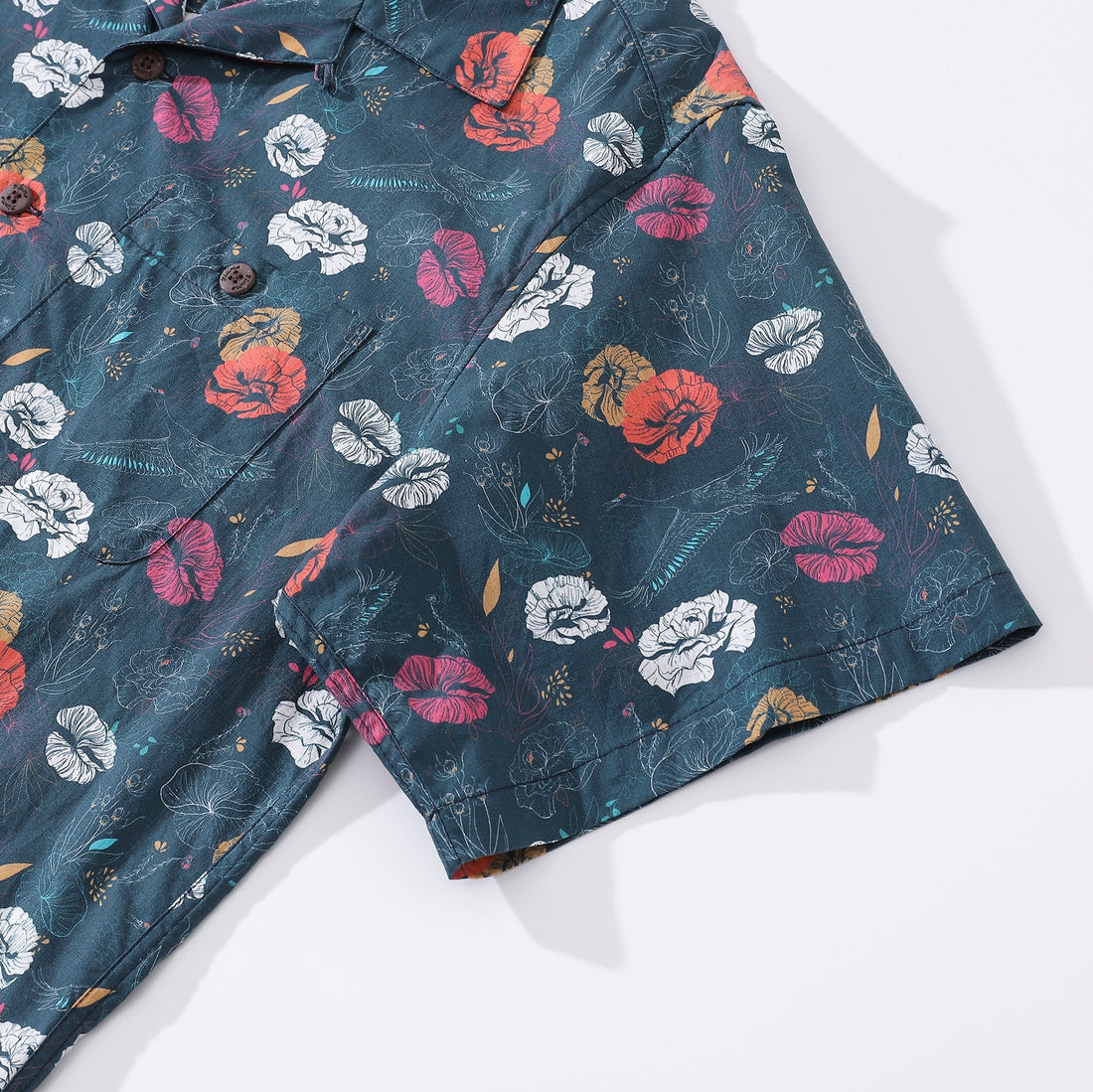 Men's Cotton Hawaiian Shirt with Crane and Floral Pattern