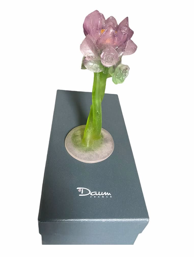 Daum Crystal Rose Candlestick Holder in Pastel Pink and Green