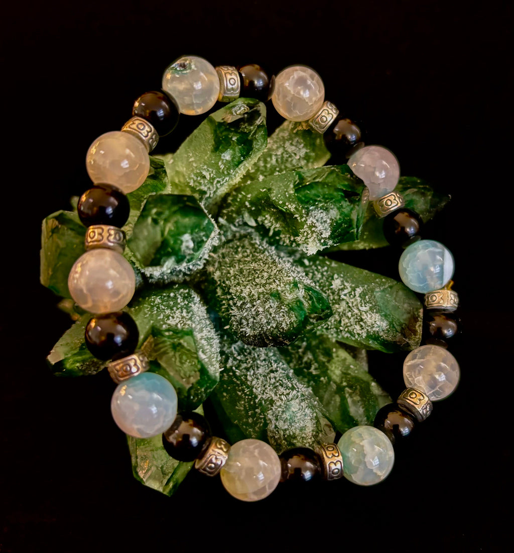 Ocean Mist Natural Stone Bracelet – Black and White Gemstone Bracelet Handmade in Puerto Vallarta (One of a Kind)