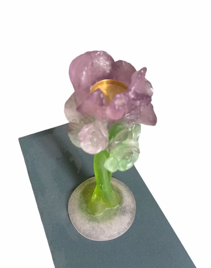 Daum Crystal Rose Candlestick Holder in Pastel Pink and Green