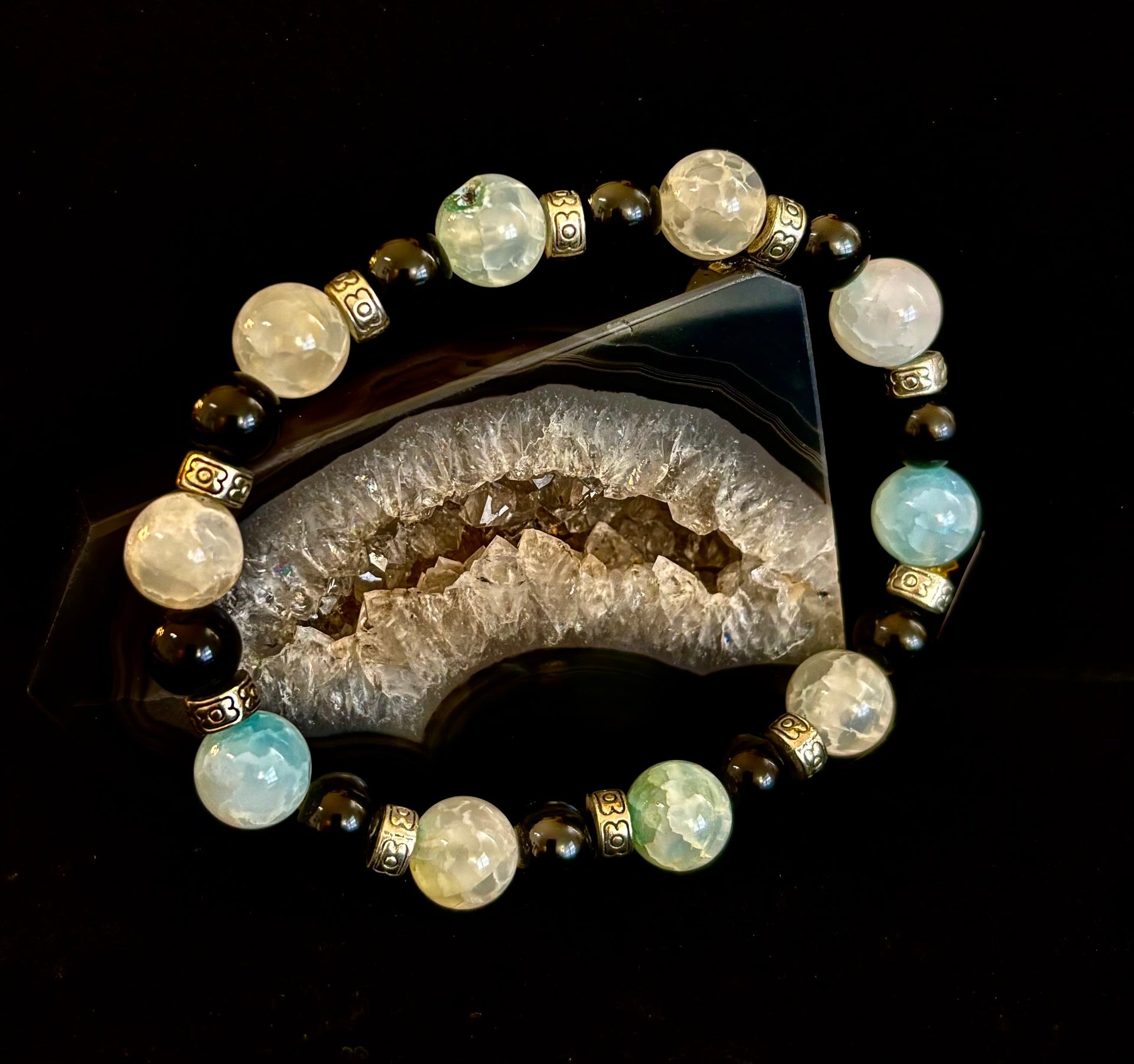 Ocean Mist Natural Stone Bracelet – Black and White Gemstone Bracelet Handmade in Puerto Vallarta (One of a Kind)