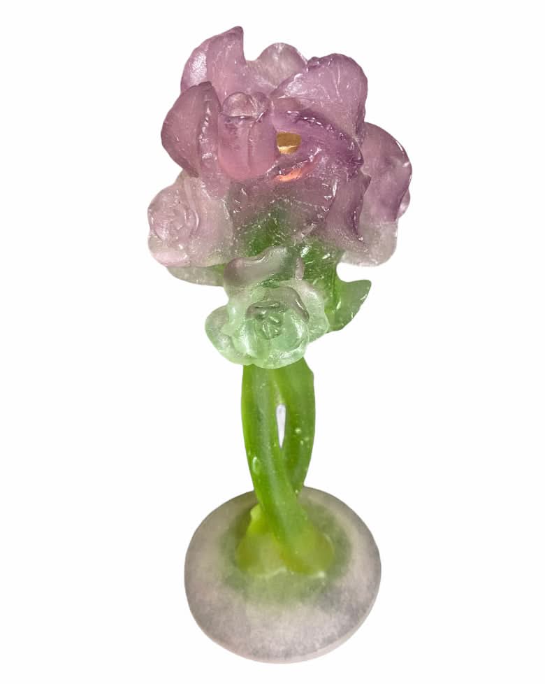 Daum Crystal Rose Candlestick Holder in Pastel Pink and Green
