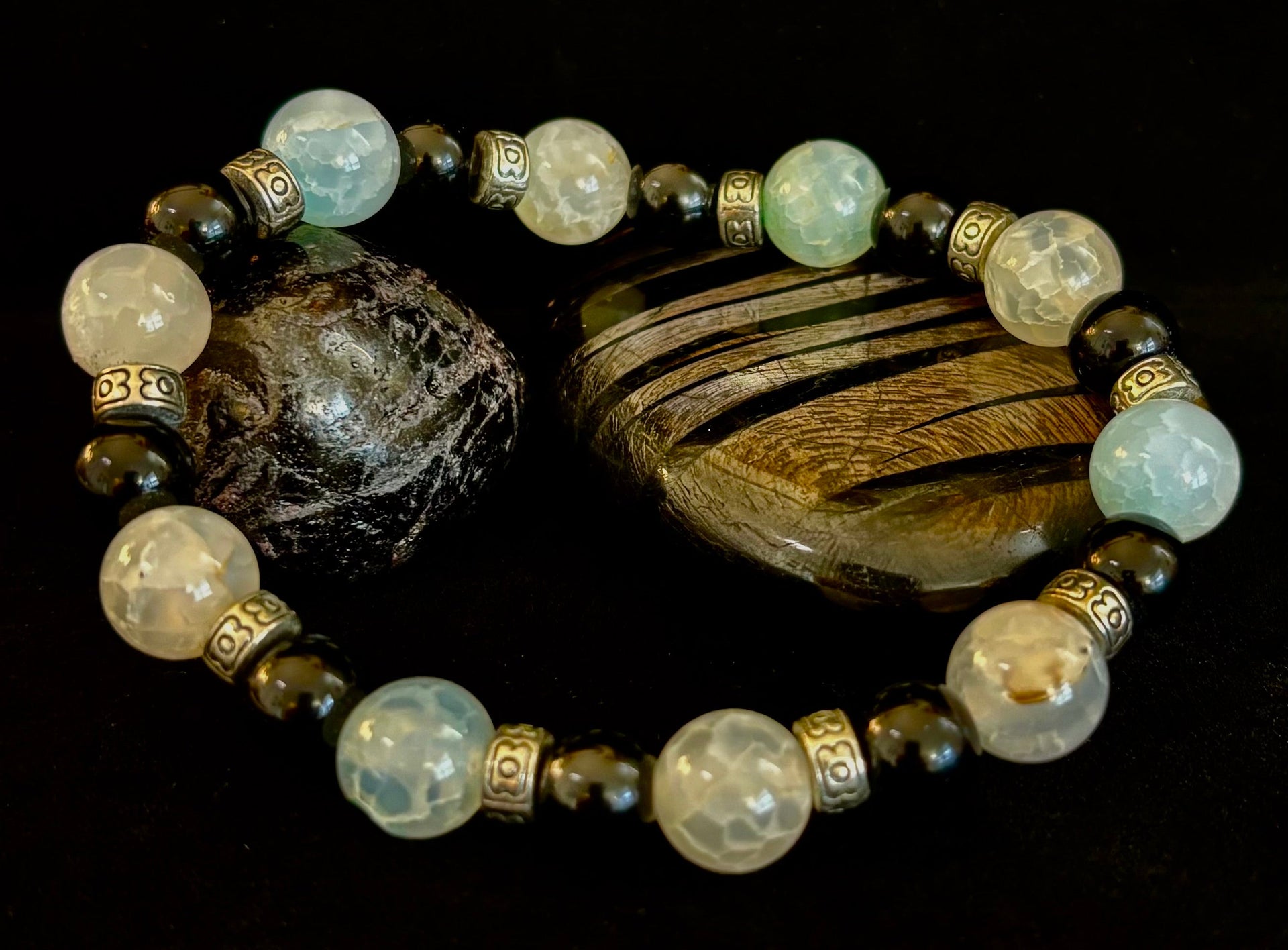 Ocean Mist Natural Stone Bracelet – Black and White Gemstone Bracelet Handmade in Puerto Vallarta (One of a Kind)