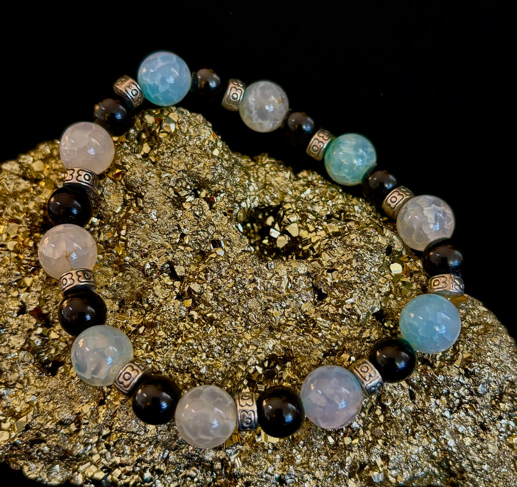 Ocean Mist Natural Stone Bracelet – Black and White Gemstone Bracelet Handmade in Puerto Vallarta (One of a Kind)