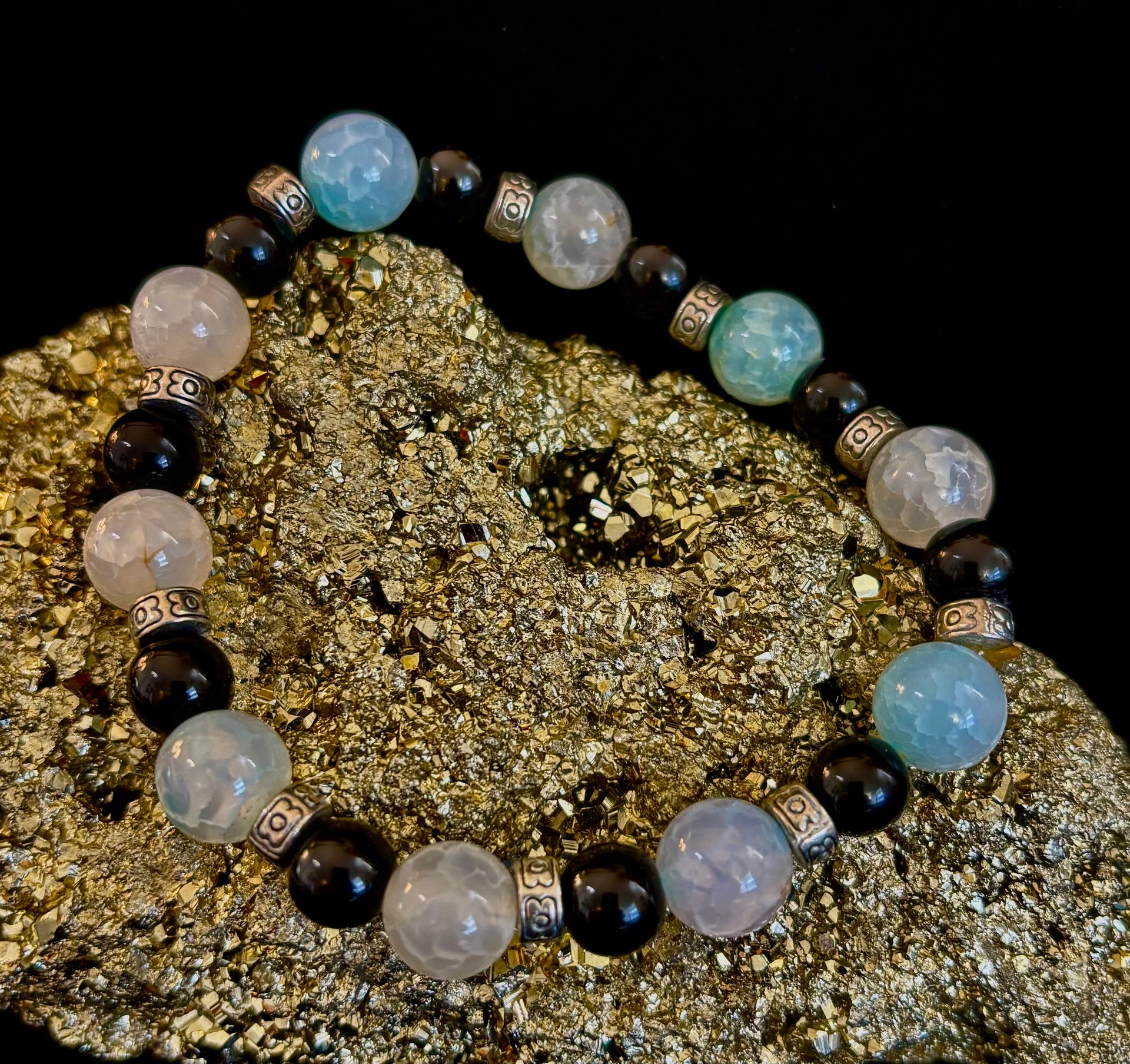 Ocean Mist Natural Stone Bracelet – Black and White Gemstone Bracelet Handmade in Puerto Vallarta (One of a Kind)