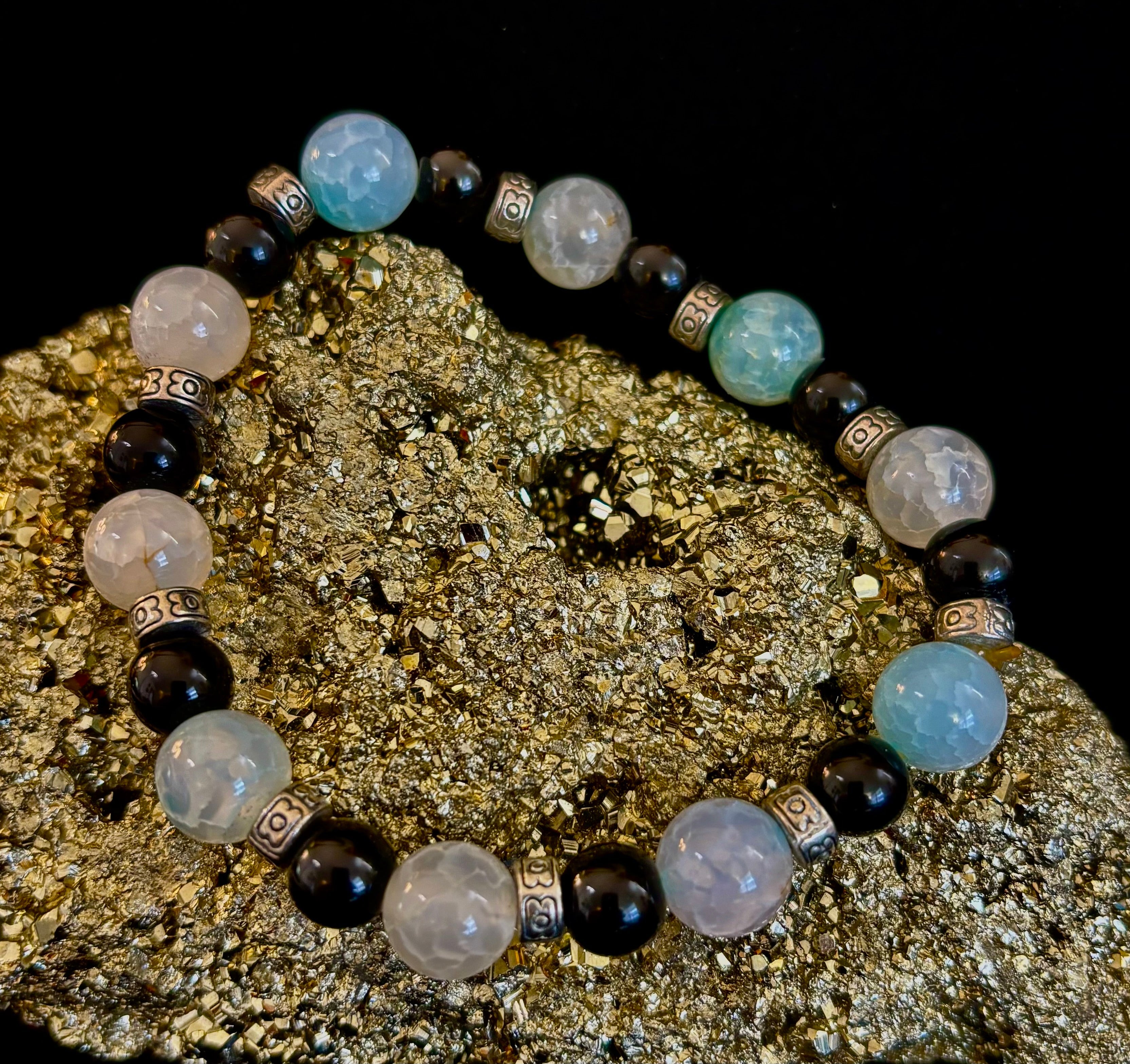 Ocean Mist Natural Stone Bracelet – Black and White Gemstone Bracelet Handmade in Puerto Vallarta (One of a Kind)